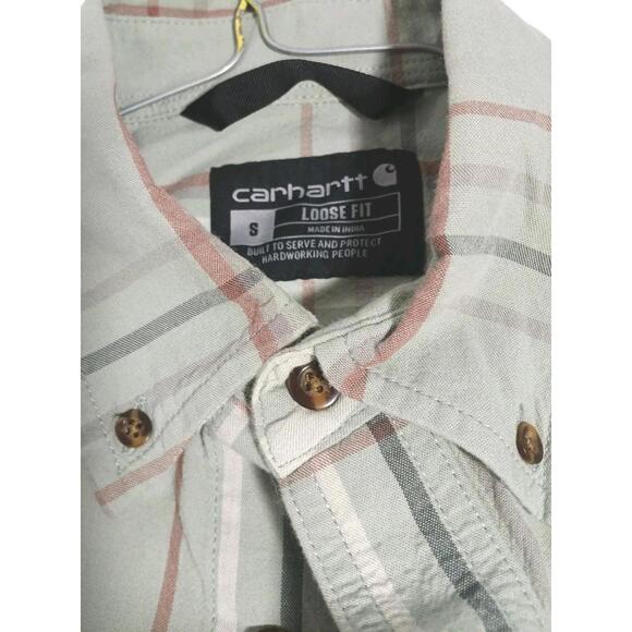 Carhartt Button Shirt Men's Small Short Sleeve Loose Fit Green Plaid - Picture 3 of 7